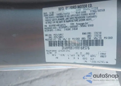 2009 Ford Fusion Sel z USA, uszkodzony, nr VIN 3FAHP08149R168576